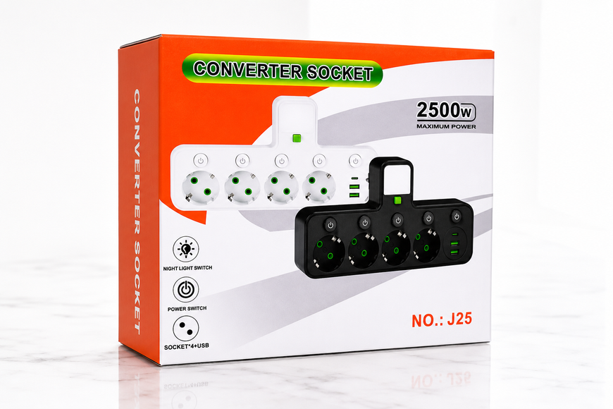 Мережевий розгалужувач на 4 розетки з 2 USB і Type-C, кнопками та підсвіткою 2500 Вт 7780 фото