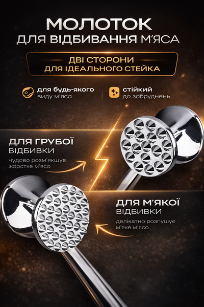 Молоток для м’яса UNIQUE UN-1768 | Нержавіюча сталь, двосторонній, кухонний молоток для відбивання 7535 фото Молоток для м’яса UNIQUE UN-1768 | Нержавіюча сталь, двосторонній, кухонний молоток для відбивання 7535 фото