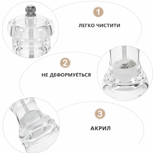 Млинок для спецій акриловий 14&times;6 см | Млинок для солі та перцю з регульованим помелом 7432 фото