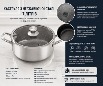 Каструля з нержавіючої сталі 7 л з антипригарним 6-шаровим покриттям 30 см для індукції 7624 фото