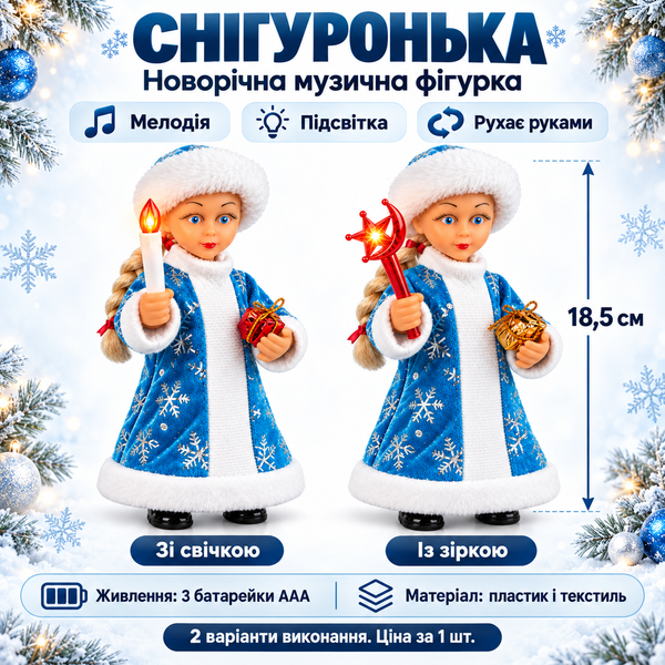 Снігуронька новорічна музична 18,5 см з підсвіткою та рухом рук на батарейках 8077 фото