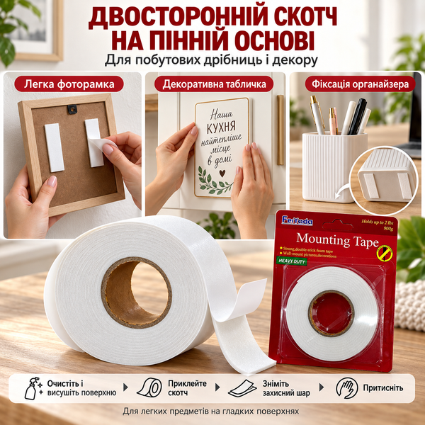 Двосторонній скотч на пінній основі  (2.0 м, 1.8 см) для декору та ремонту 6741 фото