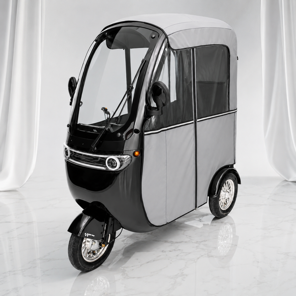 Электроскутер трехколесный AD26-12 800W 48V 20Ah с открытой кабиной и дождевиком черный 7749 фото