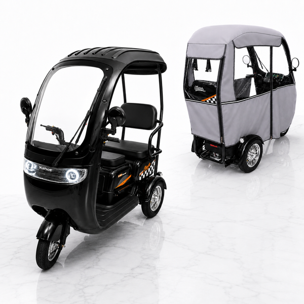 Электроскутер трехколесный AD26-12 800W 48V 20Ah с открытой кабиной и дождевиком черный 7749 фото