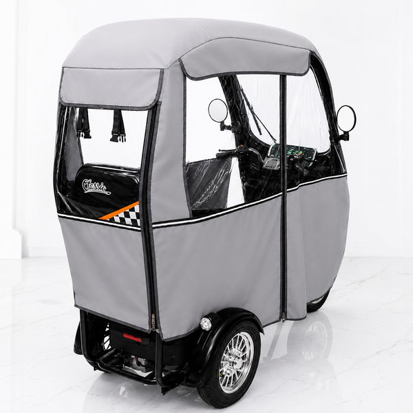 Электроскутер трехколесный AD26-12 800W 48V 20Ah с открытой кабиной и дождевиком черный 7749 фото
