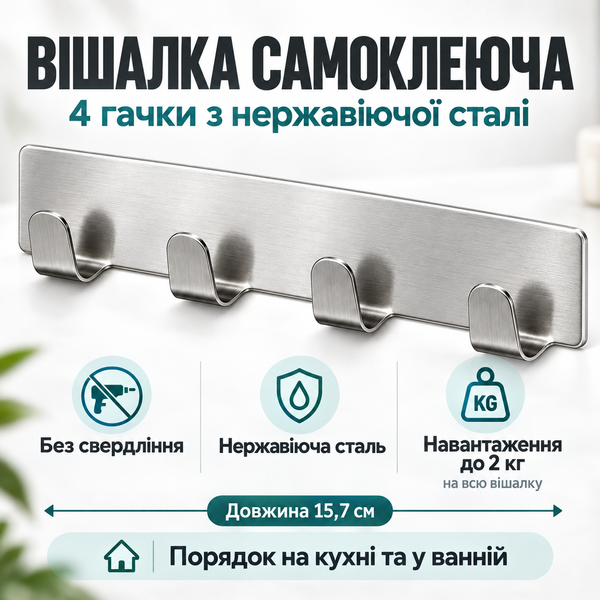 Вішалка настінна самоклеюча на 4 гачки з нержавіючої сталі для рушників, кухні та ванної 15,7 см 8082 фото