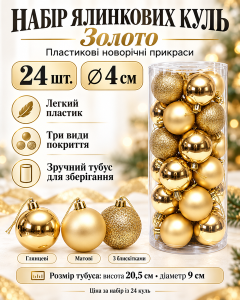 Ёлочные шары набор 24 шт D4 см &laquo;Золото&raquo; | Пластиковые новогодние украшения в тубусе 7168 фото