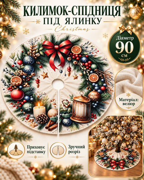 Коврик под елку 90 см Christmas, велюровая декоративная юбка с рождественским рисунком 8087 фото