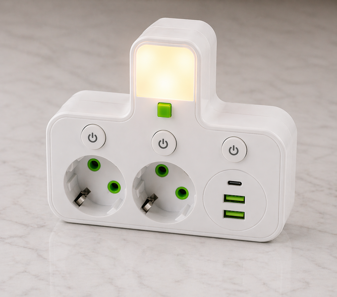 Розгалужувач у розетку 2 гнізда + 2 USB + Type-C з кнопками (трійник з USB) підсвічування 7574 фото