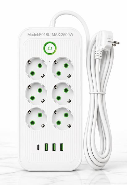 Подовжувач мережевий фільтр 3 м на 6 розеток + 3 USB + Type-C з кнопкою (білий) 7575 фото