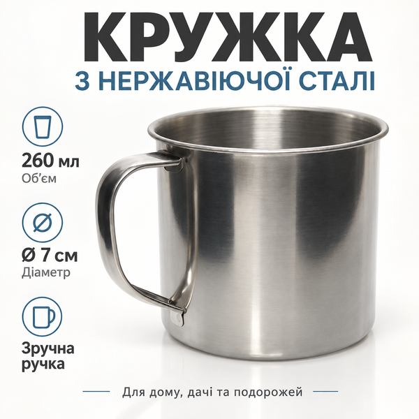 Кружка з нержавіючої сталі з ручкою 260 мл, діаметр 7 см, металева 5336 фото