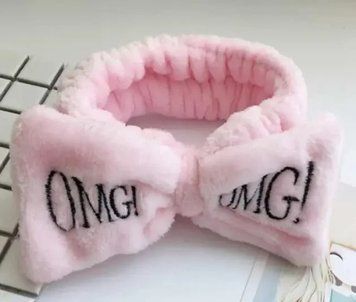 Плюшевая повязка для умывания и макияжа с бантом OMG, розовая 5798 фото