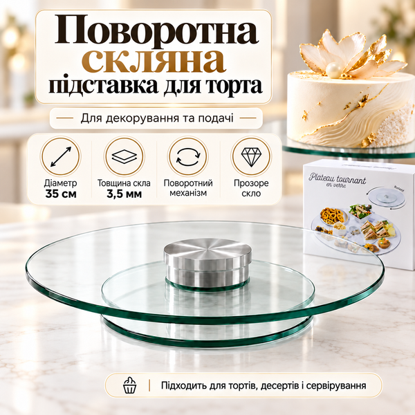 Підставка для торта скляна поворотна 35 см, кондитерський столик для декорування та подачі 7939 (35) фото