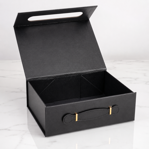 Подарункова коробка з ручкою BLACK 28,2&times;20,9&times;9,2 см, складана чорна коробка на магнітах під шкіру 7726 фото