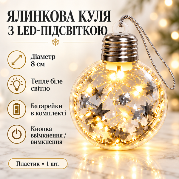 Ёлочный шар с LED-подсветкой 8 см, прозрачный со звёздами, тёплый белый свет 8055 фото
