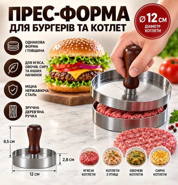Прес-форма для бургерів і котлет 12 см з нержавіючої сталі з дерев&rsquo;яною ручкою 7993 фото